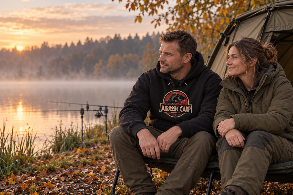 Herbst-Session zu zweit am See mit Jurassic Carp Hoodie – KI-Lifestyle-Inszenierung