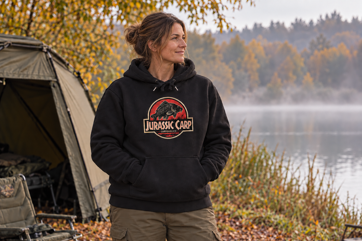 Anglerin aus dem gemeinsamen Herbstmotiv im Jurassic Carp Hoodie am See – KI-Lifestyle-Inszenierung