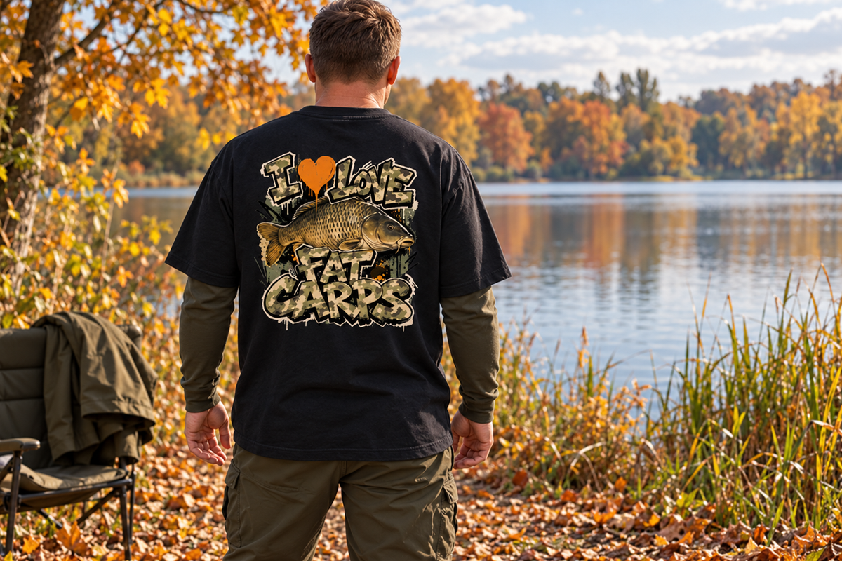 Fat Carp Oversized Shirt über einer zusätzlichen Kleidungsschicht am herbstlichen See – KI-Lifestyle-Inszenierung