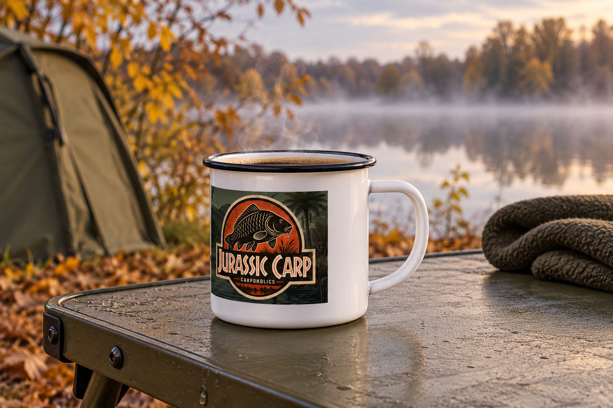 Jurassic Carp Emailletasse mit Kaffee vor dem Bivvy im Herbst – KI-Lifestyle-Inszenierung