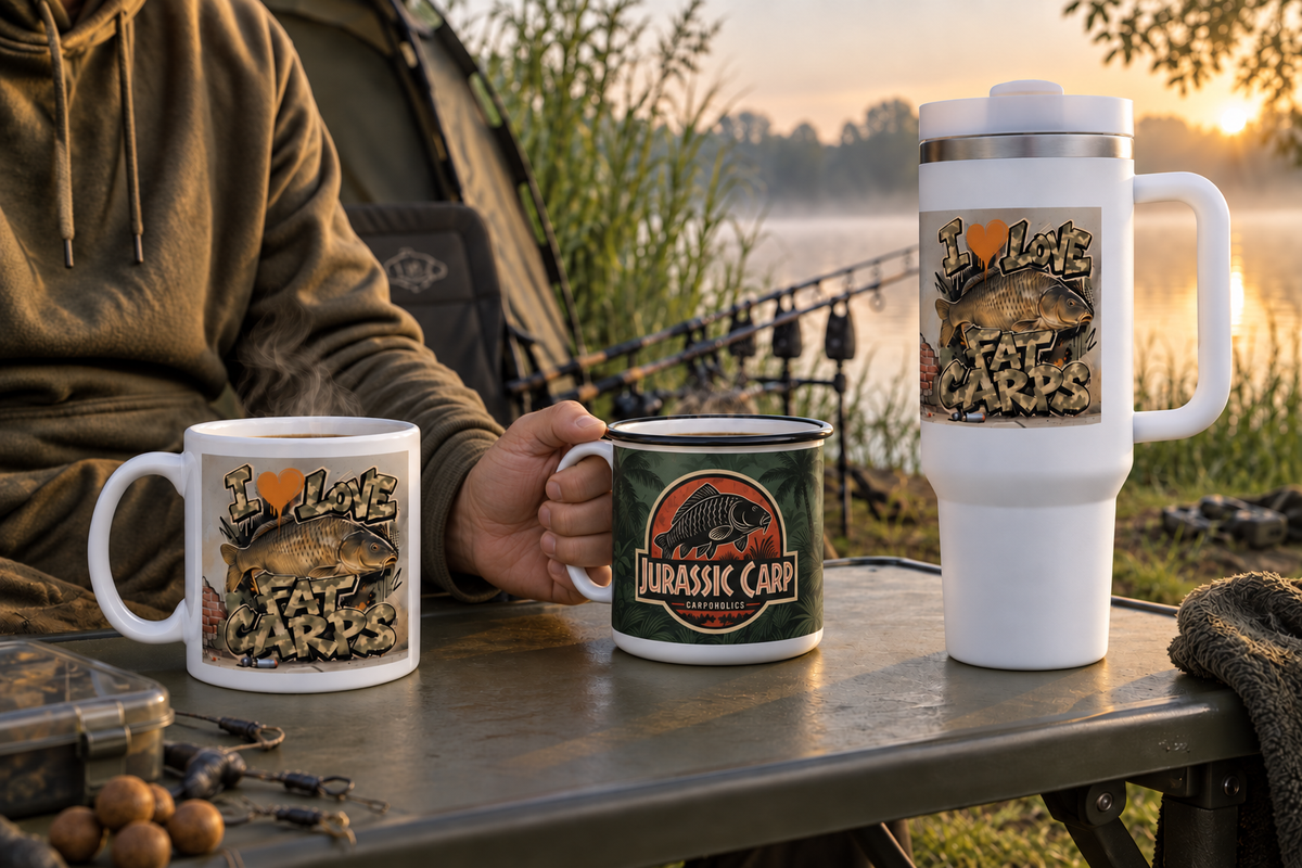 CARPOHOLICS Tassen am See mit umlaufendem Jurassic-Carp-Druck