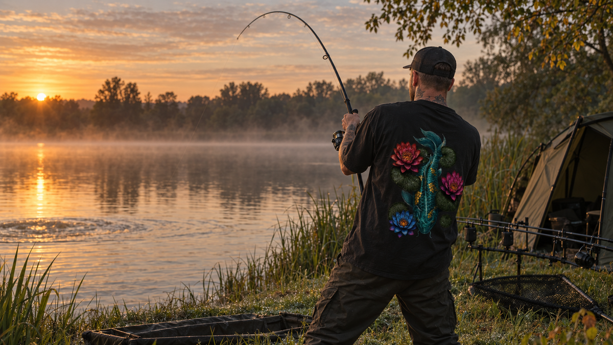Koi-Shirt beim Angeln – KI-Lifestyle-Inszenierung