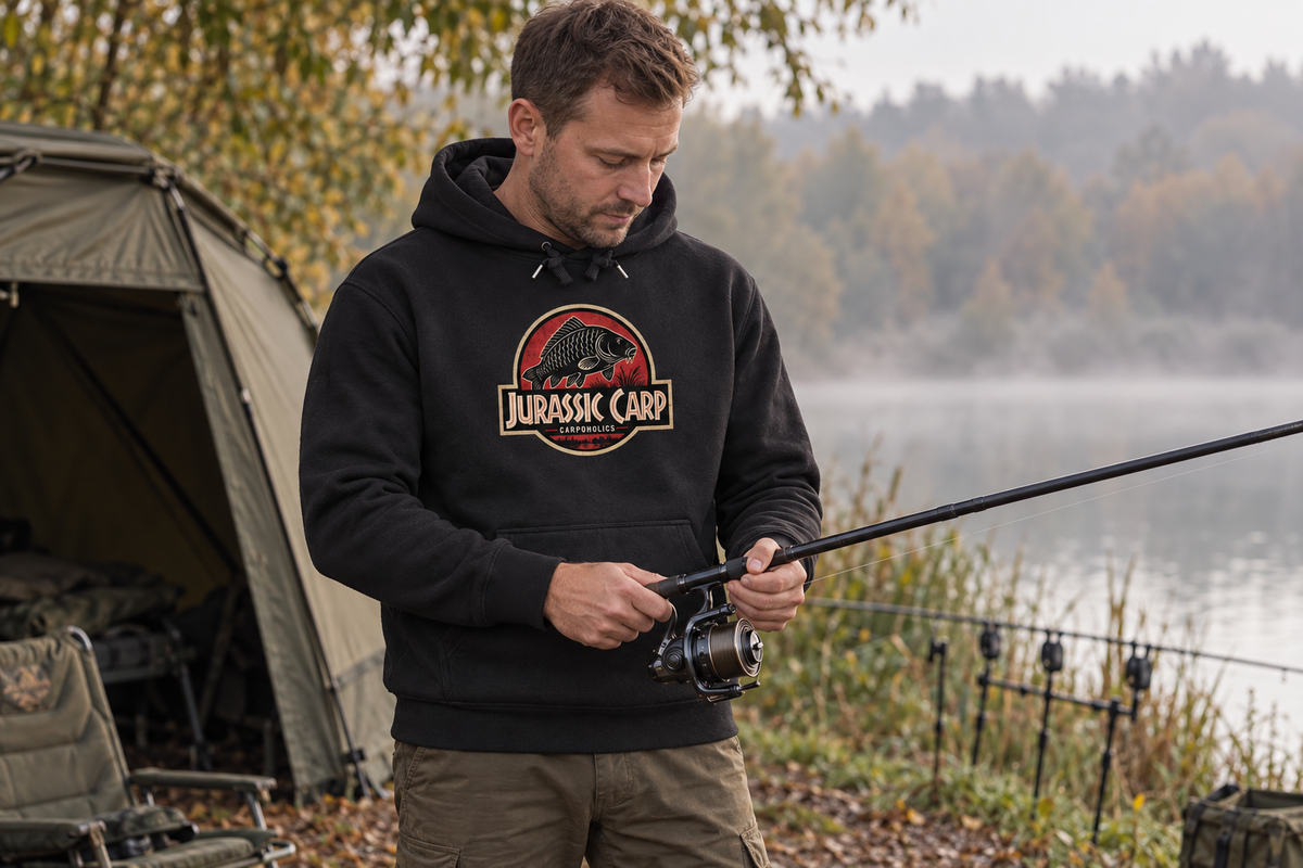 Jurassic Carp Hoodie am See – KI-Lifestyle-Inszenierung