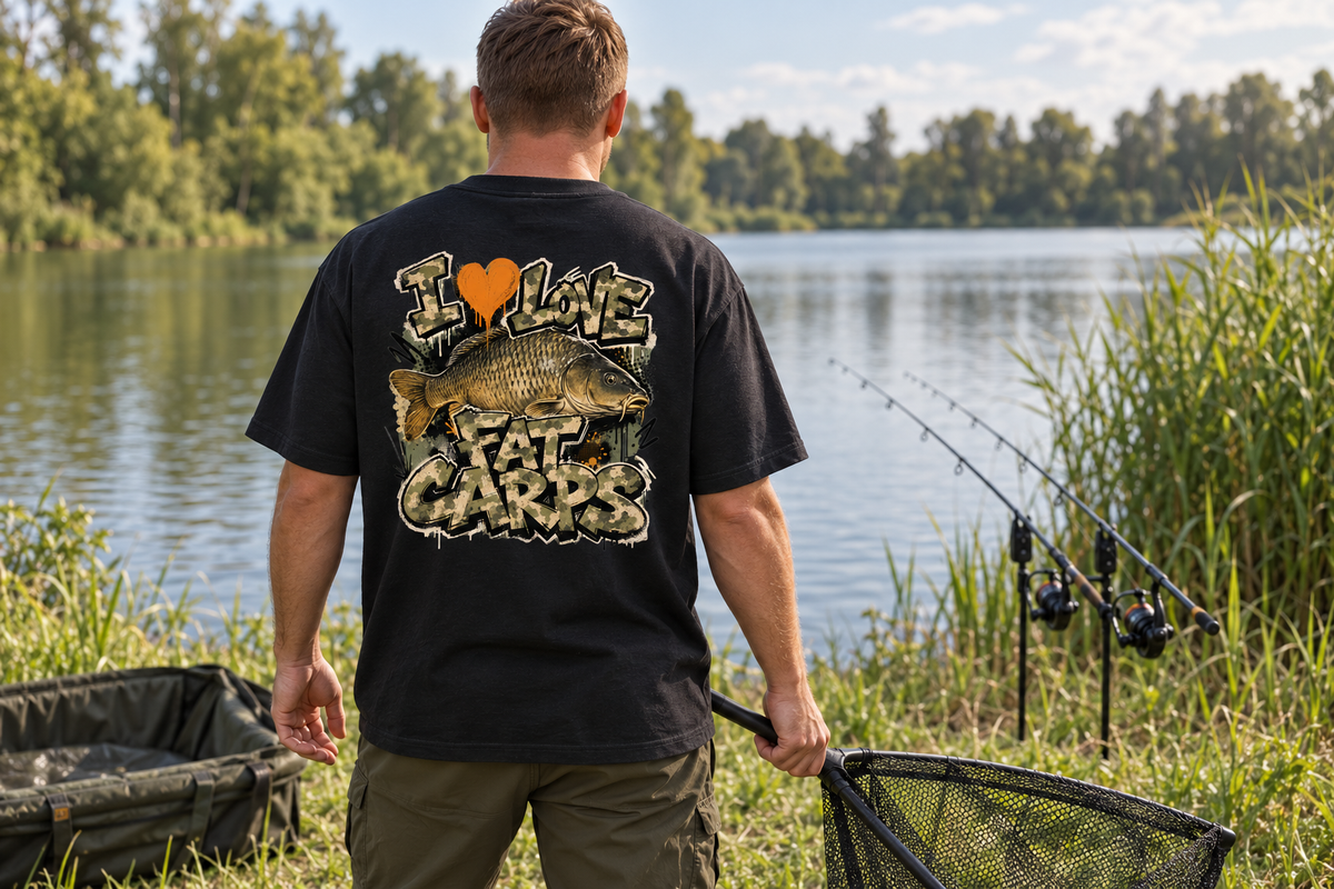 Fat Carp Oversized Shirt am Ufer – KI-Lifestyle-Inszenierung